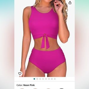 Hilor Neon Pink two piece swimsuit 12 high waisted and full coverage